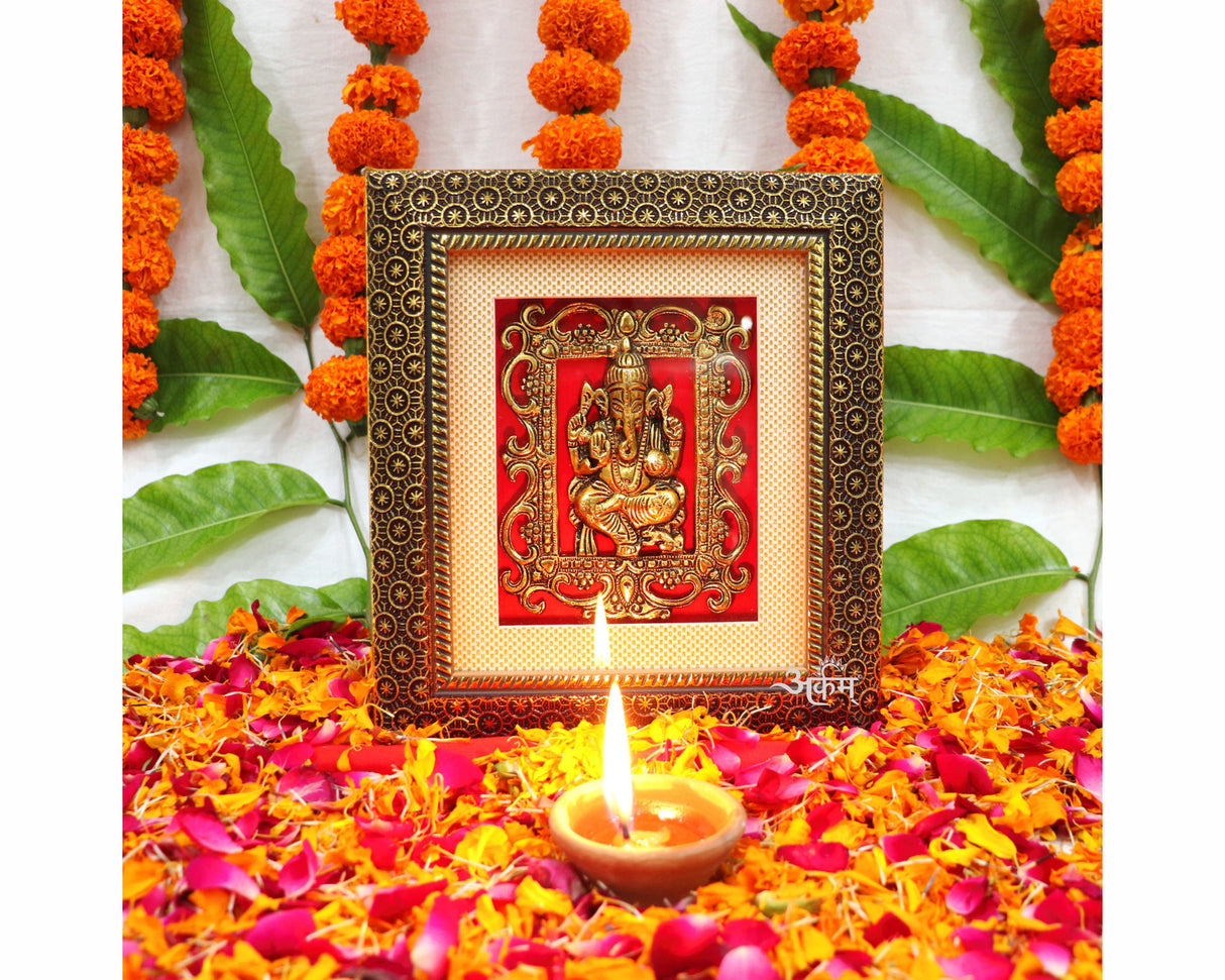 ARKAM Ganesh Frame/ Ganesh Metal Idol in framing/ Ganesh Photo Metal (Size: 8.5 x 7.5 inches, Color: Antique Golden) - Retail Maharaj