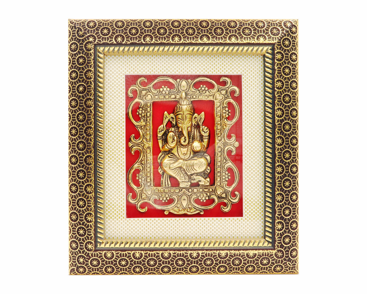 ARKAM Ganesh Frame/ Ganesh Metal Idol in framing/ Ganesh Photo Metal (Size: 8.5 x 7.5 inches, Color: Antique Golden) - Retail Maharaj