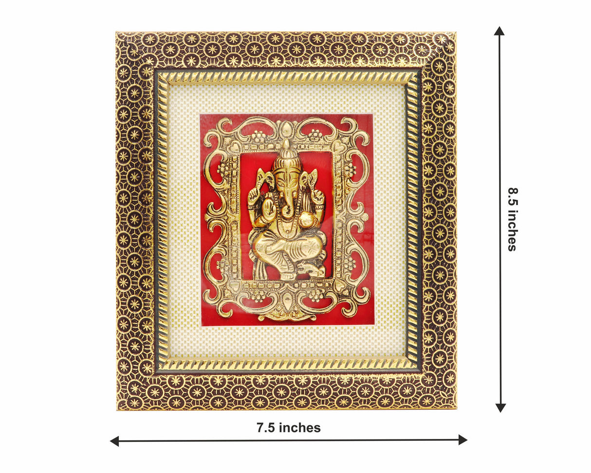 ARKAM Ganesh Frame/ Ganesh Metal Idol in framing/ Ganesh Photo Metal (Size: 8.5 x 7.5 inches, Color: Antique Golden) - Retail Maharaj