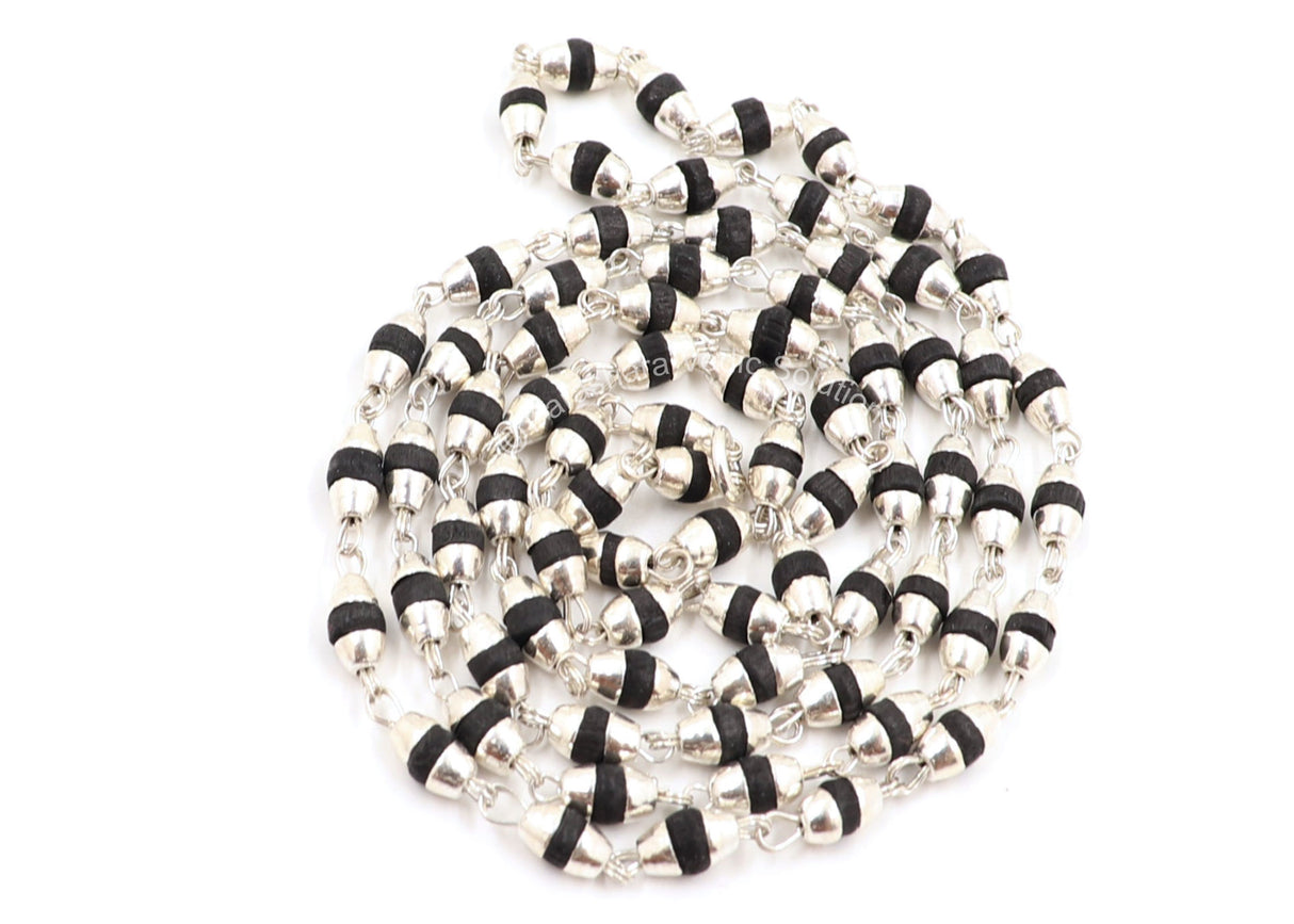 Arkam Black Tulsi Mala with Silver Capping/ Silver Tulsi Mala for Men and Women/ Tulsi mala Silver Cap Original (Size: 3mm, Length: 24 inches) - Retail Maharaj