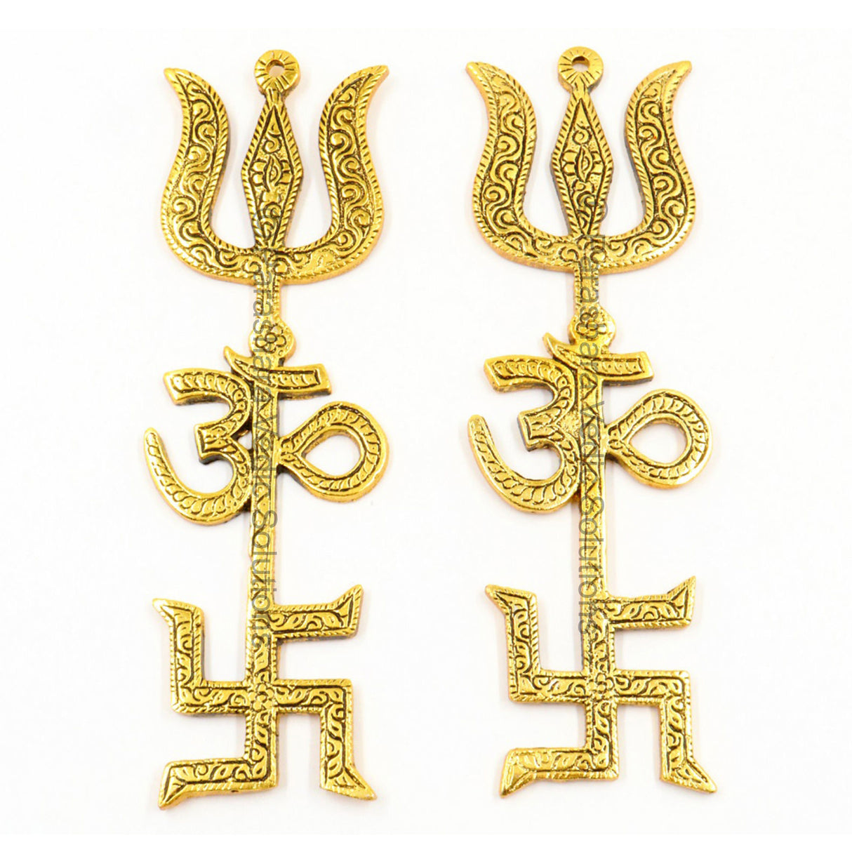 ARKAM Swastik Om Trishul Trishakti Yantra / Metal Trishakti / Tri Shakti - Set of 2 (Size: 8 inches, Antique Golden) - Retail Maharaj