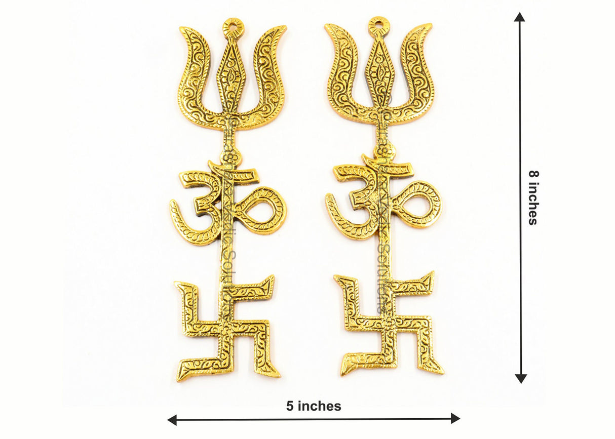 ARKAM Swastik Om Trishul Trishakti Yantra / Metal Trishakti / Tri Shakti - Set of 2 (Size: 8 inches, Antique Golden) - Retail Maharaj