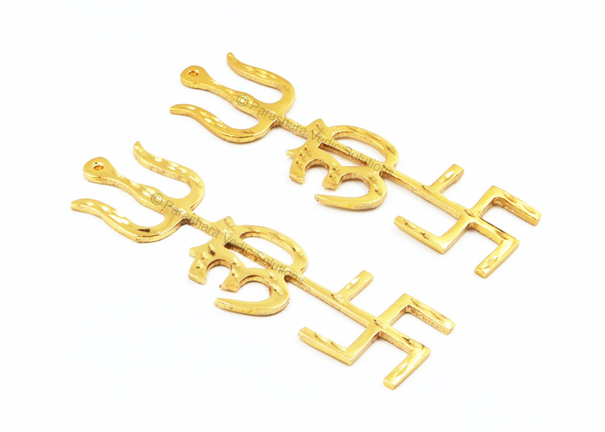 ARKAM Swastik Om Trishul Trishakti Yantra / Brass Trishakti / Tri Shakti - Set of 2 (Size: 5 inches, Golden) - Retail Maharaj
