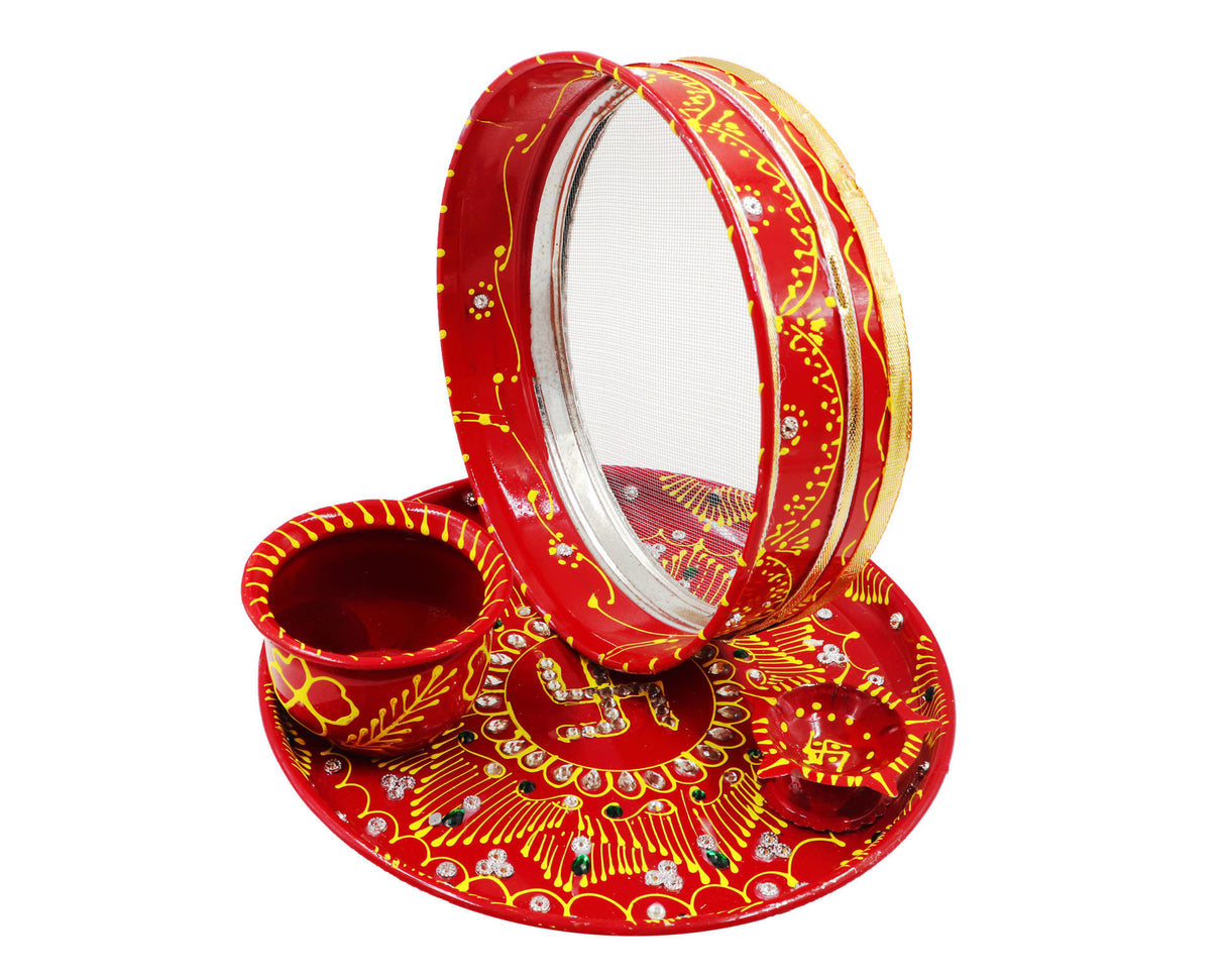 Arkam Karwa Chauth Puja Kit with Karwa Chauth Thali, Chalni and 16 Shringaar ka Samaan (40+ Items) - Retail Maharaj