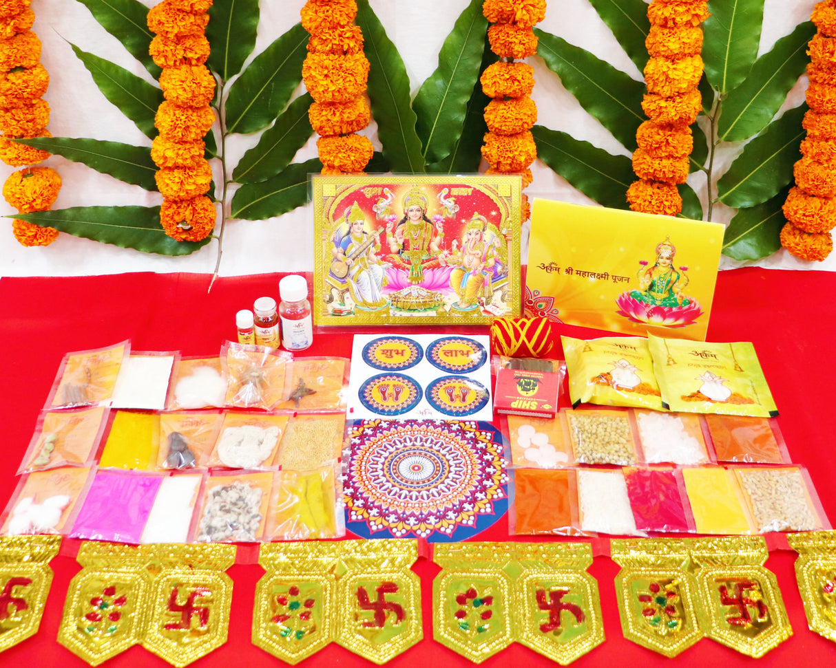Arkam Diwali Puja Samagri Kit for Lakshmi Pujan/ Mahalakshmi Puja Kit/ Laxmi Puja Samagri Kit/ Deepavali (35+ Items) with Detailed Puja Vidhi - Retail Maharaj