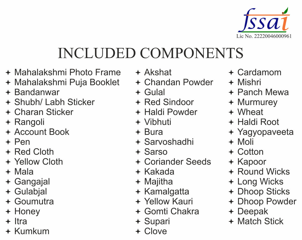Arkam Premium Diwali Puja Samagri Kit for Lakshmi Pujan/ Mahalakshmi Puja Kit/ Laxmi Puja Samagri Kit/ Deepavali (45+ Items) with Detailed Puja Vidhi - Retail Maharaj
