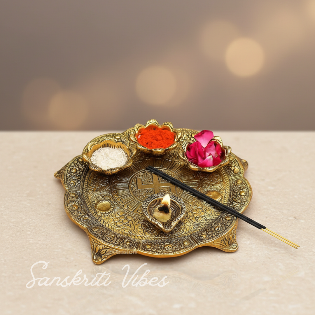 Metal Pooja Thali with Diya for Home Temple Mandir Decorative Showpiece - Retail Maharaj
