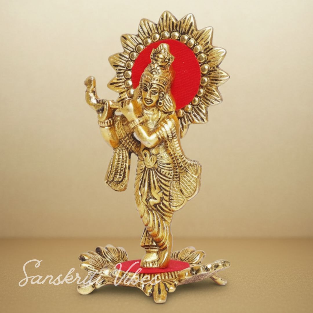Handcrafted Lord Krishna Standing Playing Flute Gold Statue for Pooja Room and Home Decoration Aluminium Glossy Finish Idol - Retail Maharaj