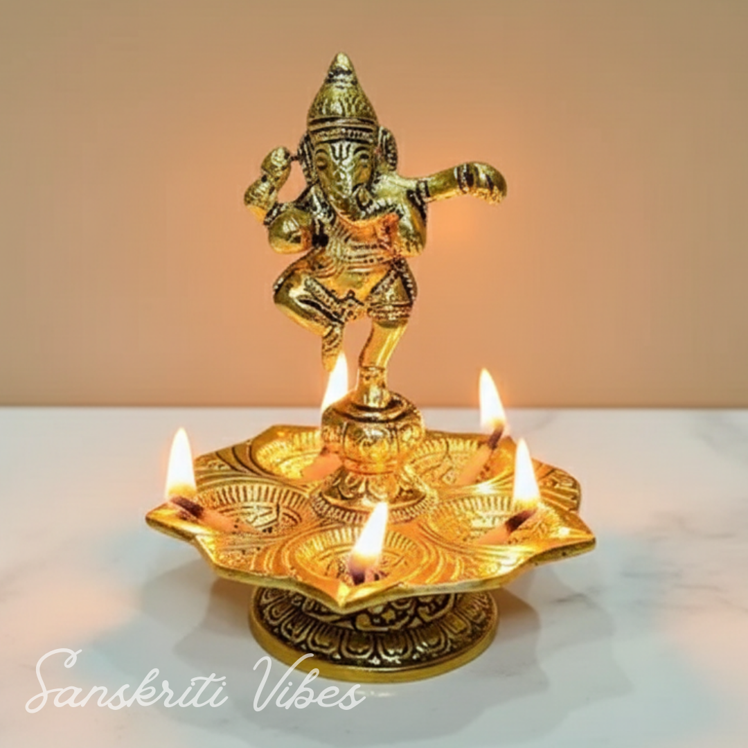 Metal Panch Mukhi Diya Gold Plated with Dancing Ganesha Idols 5 Batti Diya for Home and Office Pooja Room Decoration - Retail Maharaj