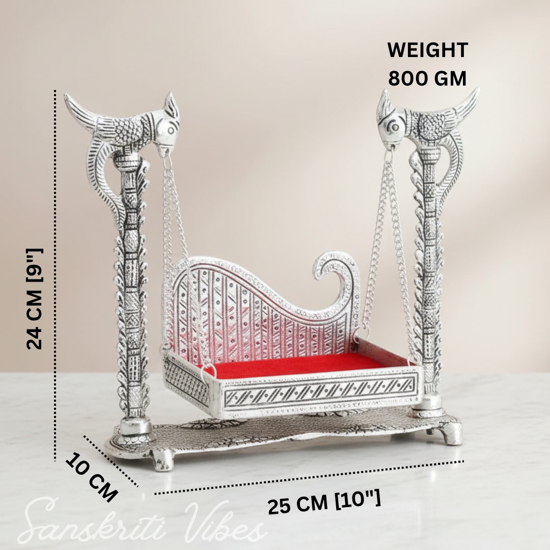 Handcrafted Laddu Gopal Metal Swing Jhula Krishna Hindola Palana Decorative Idol for Temple and Home Pooja Silver Finish by Sanskriti Vibes - Retail Maharaj