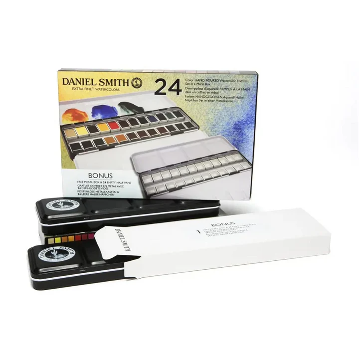 Daniel Smith 24-Color Hand Poured Watercolor Half Pan Set in a Metal Box - Retail Maharaj