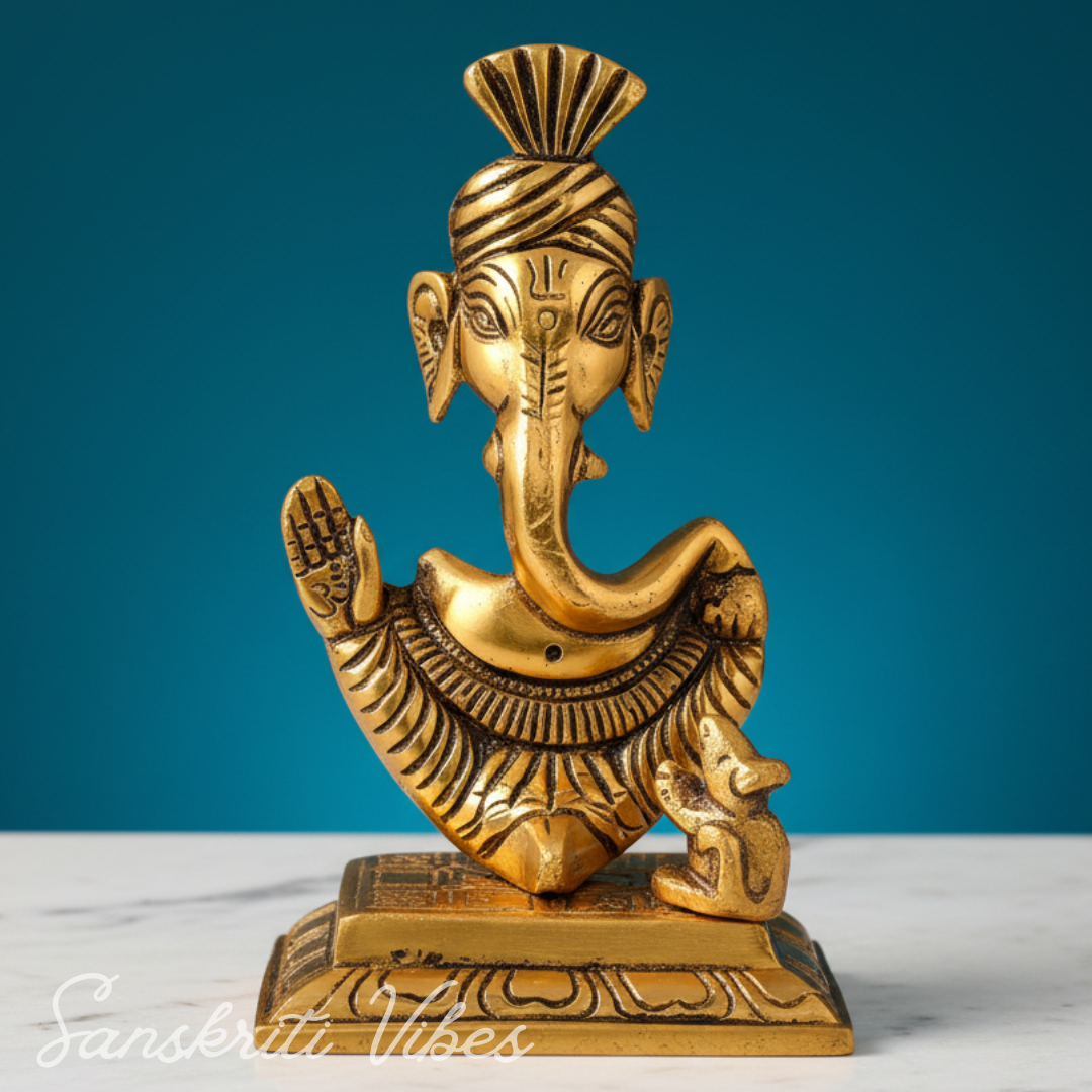 Metal Lord Pagdi Ganesha Reading Ramayana Idol Gold Plated Sitting Statue for Home and Office Decoration - Retail Maharaj