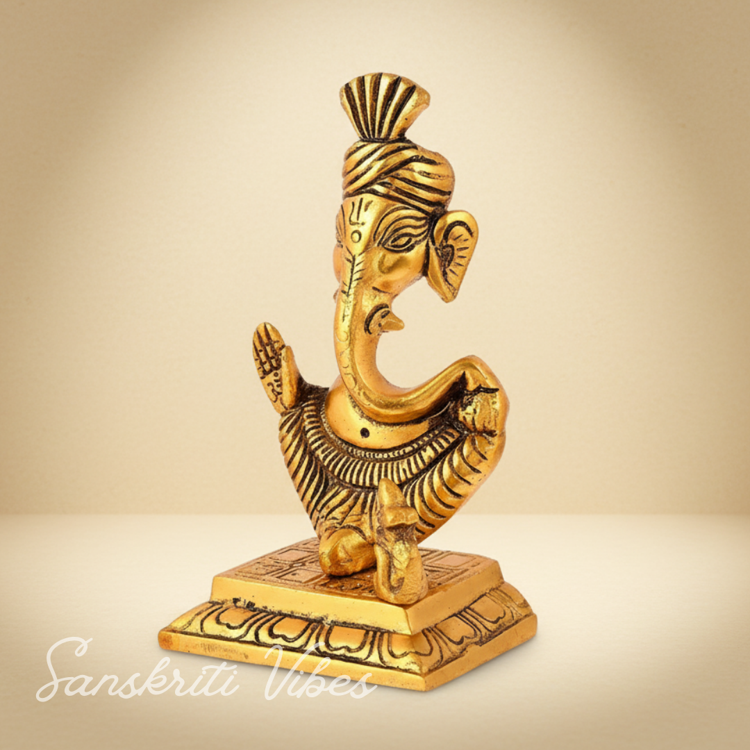 Metal Lord Pagdi Ganesha Reading Ramayana Idol Gold Plated Sitting Statue for Home and Office Decoration - Retail Maharaj