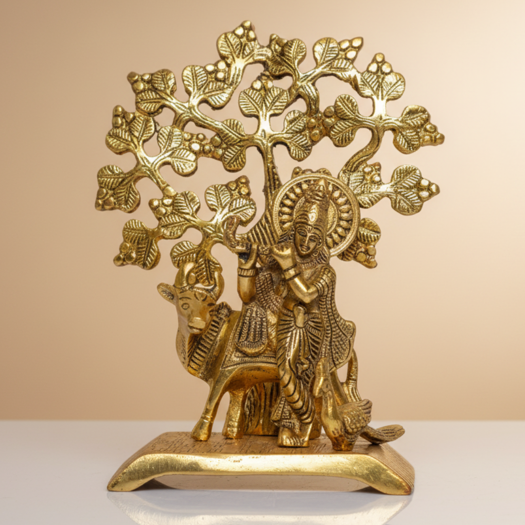 Handcrafted Krishna Playing Flute with Kamdhenu Cow Under Tree Metal Statue for Pooja and Home Decor by Sanskriti Vibes - Retail Maharaj