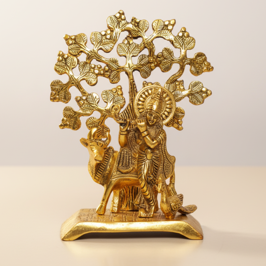 Handcrafted Krishna Playing Flute with Kamdhenu Cow Under Tree Metal Statue for Pooja and Home Decor by Sanskriti Vibes - Retail Maharaj