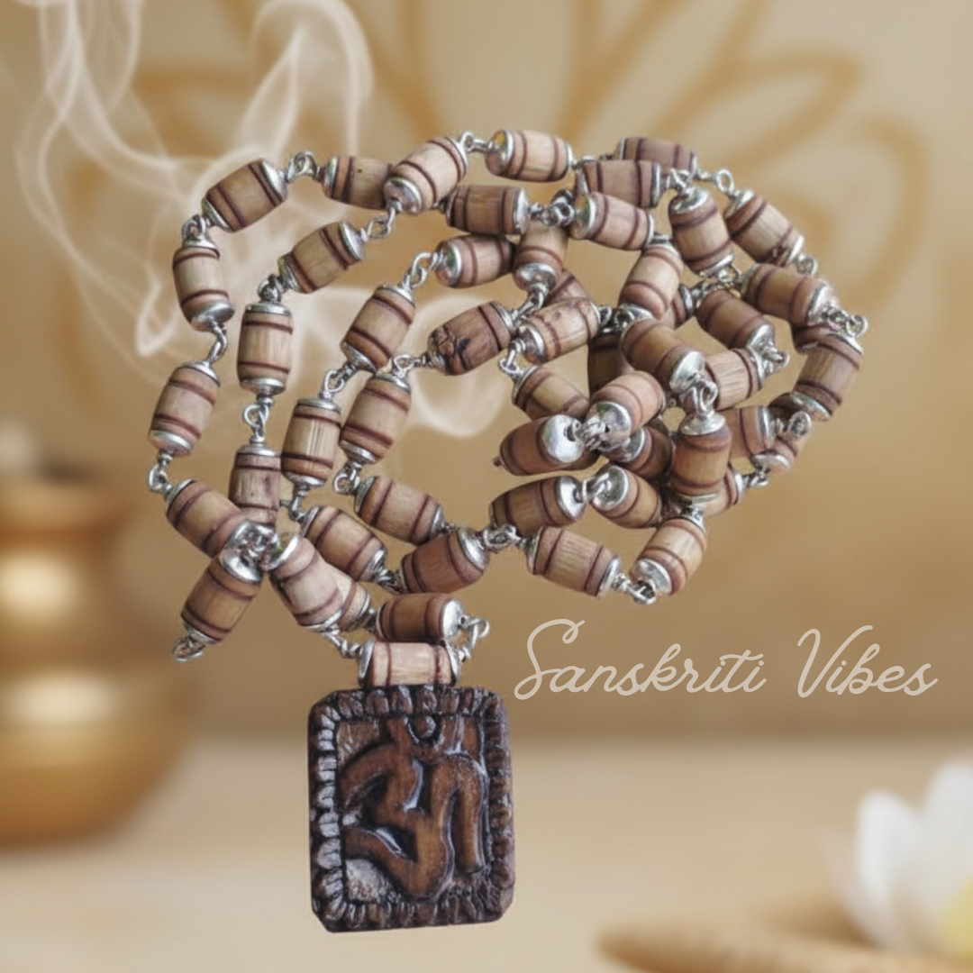 Om Carved Tulsi Locket with Tulsi Silver Capping Mala – Sacred Tulsi Beads with Om Symbol - Retail Maharaj