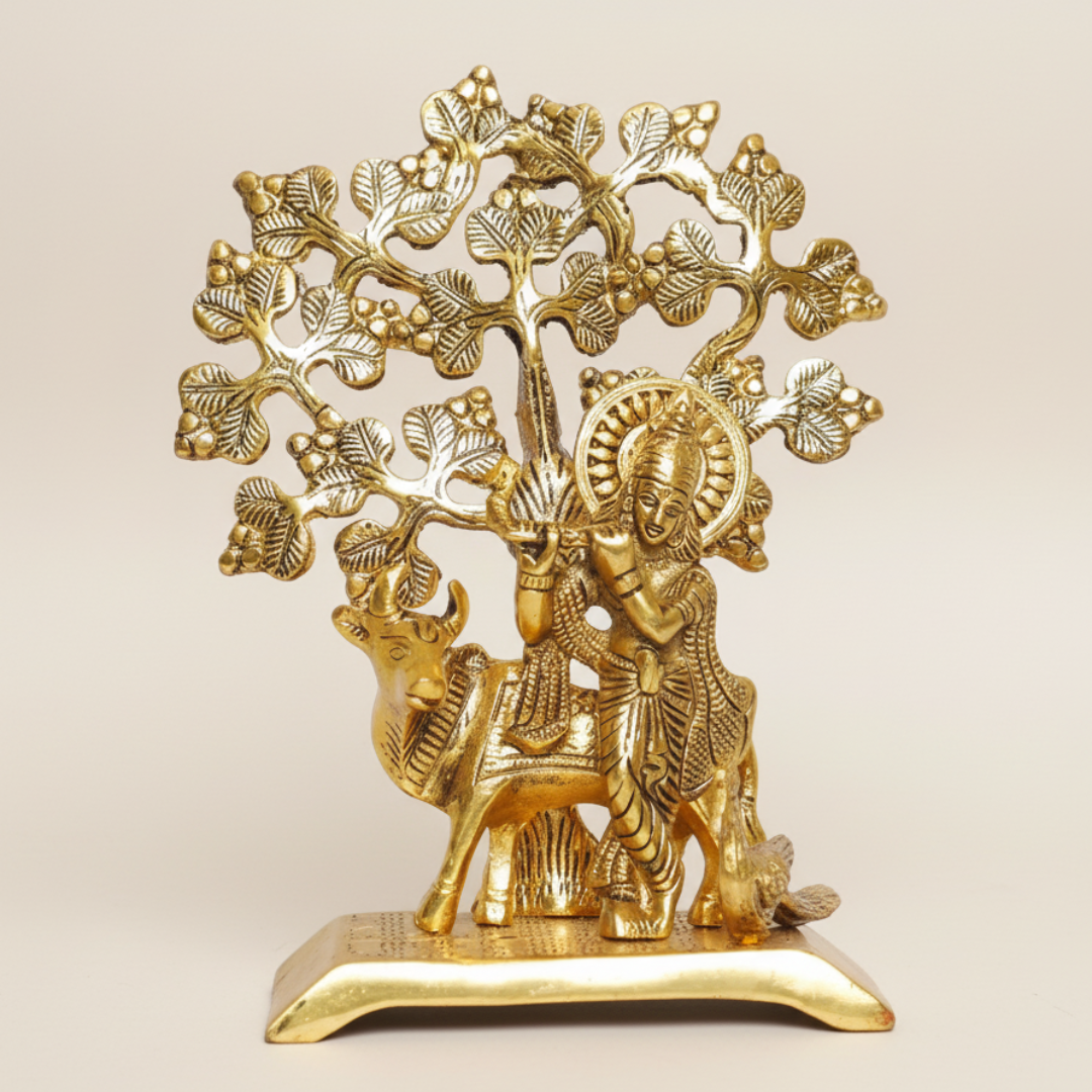 Handcrafted Krishna Playing Flute with Kamdhenu Cow Under Tree Metal Statue for Pooja and Home Decor by Sanskriti Vibes - Retail Maharaj