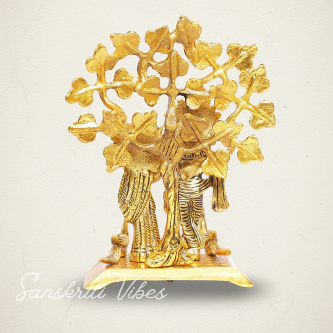 Handcrafted Radha Krishna Standing Playing Flute Under Tree Metal Statue Gold Antique Finish for Pooja and Home Decor by Sanskriti Vibes - Retail Maharaj