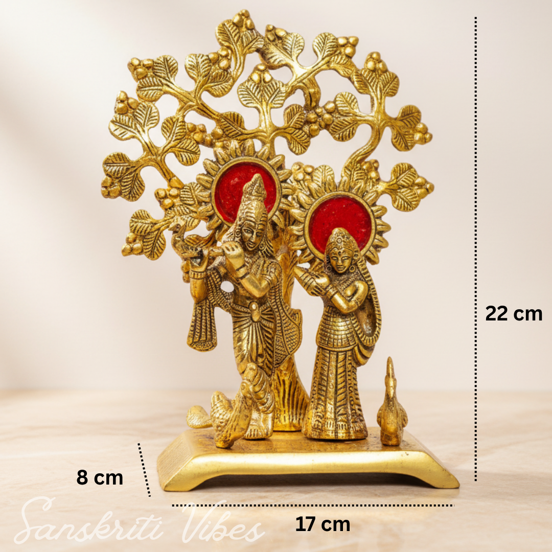 Handcrafted Radha Krishna Standing Playing Flute Under Tree Metal Statue Gold Antique Finish for Pooja and Home Decor by Sanskriti Vibes - Retail Maharaj