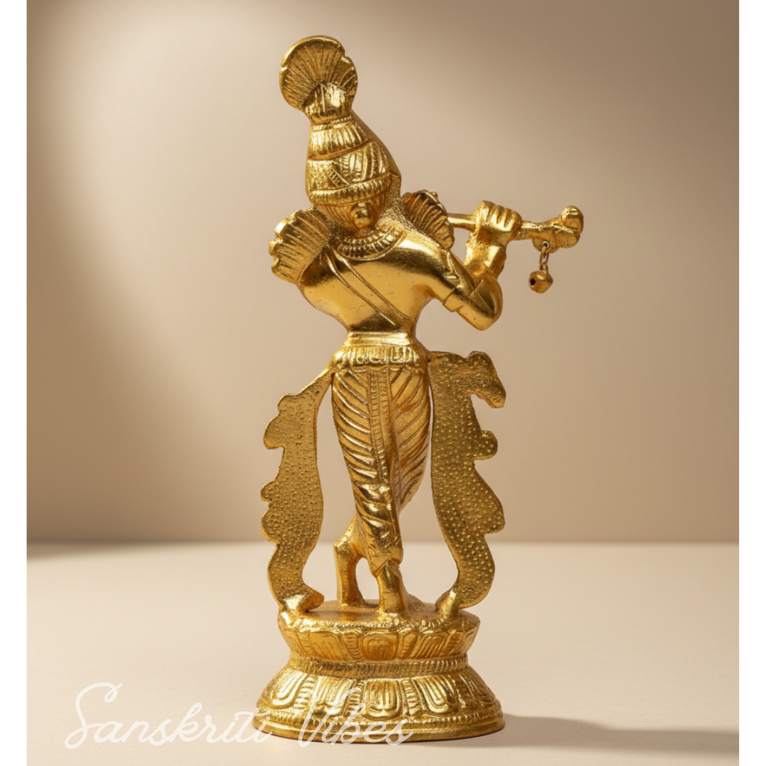 Handcrafted Krishna Playing Flute with Minakari Work Metal Statue Bansuri Krishna Idol for Home Decor and Pooja by Sanskriti Vibes - Retail Maharaj
