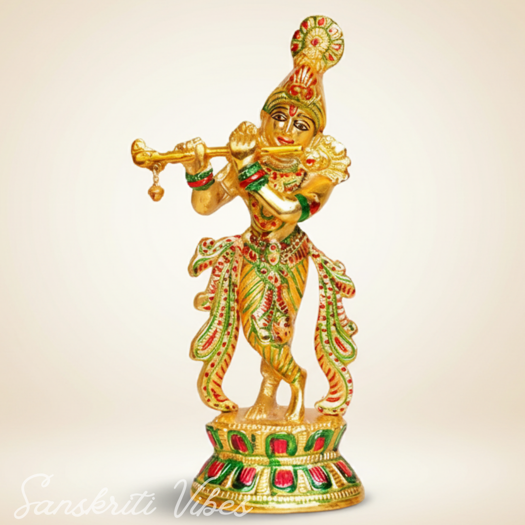 Handcrafted Krishna Playing Flute with Minakari Work Metal Statue Bansuri Krishna Idol for Home Decor and Pooja by Sanskriti Vibes - Retail Maharaj