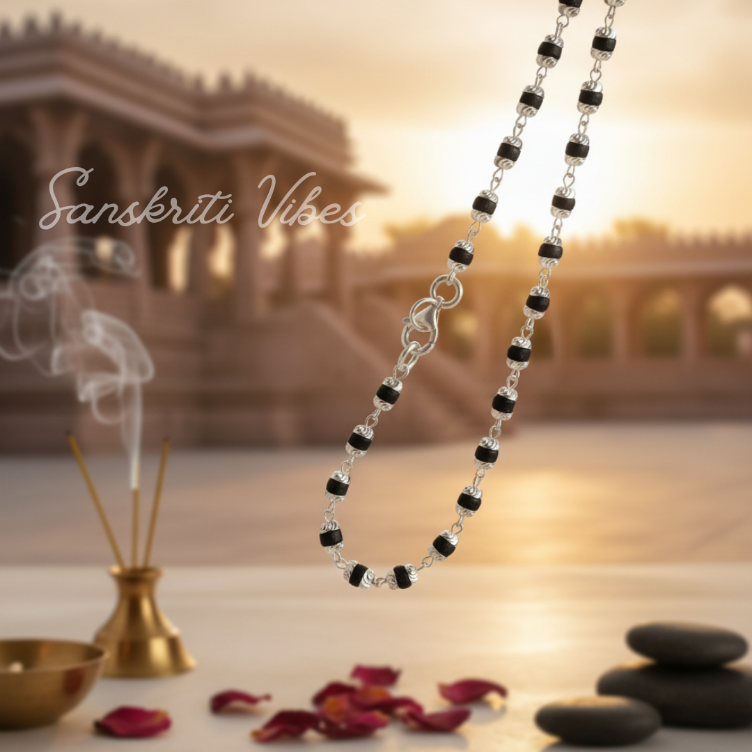 18-Inch Sterling Silver Beautifully Designed Natural Black Tulsi Beads Mala – For Spiritual Wear and Meditation - Retail Maharaj