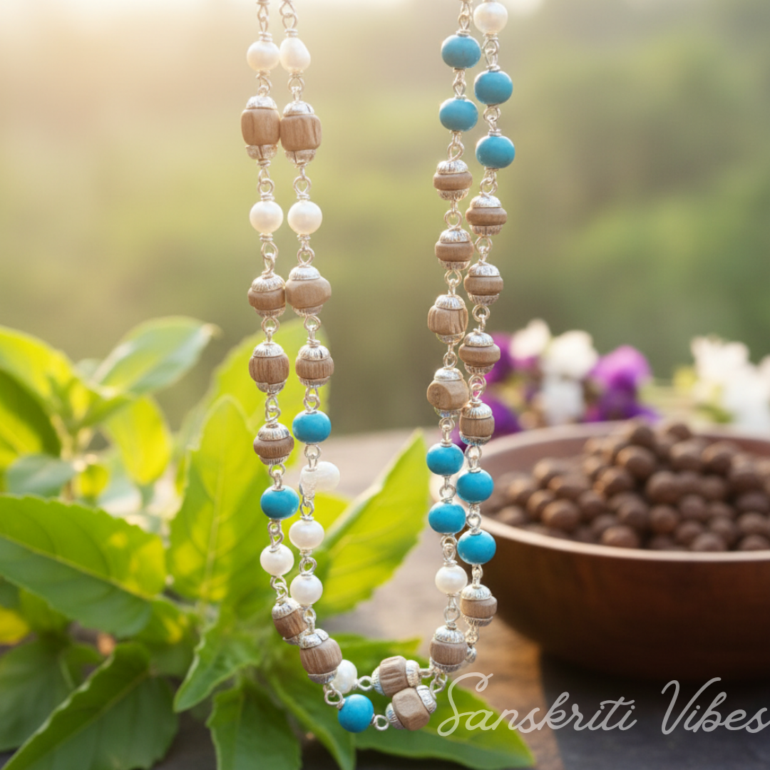 Sterling Silver and Natural Tulasi Basil Rosary Beads Chain – 7.5 gm, 24-Inch Mala for Meditation and Devotional Wear - Retail Maharaj