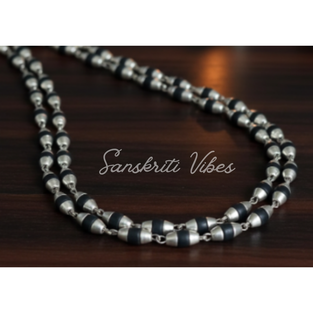 Silver & Natural Black Tulasi Basil Rosary Beads Chain – 24-Inch Handcrafted Spiritual Necklace for Meditation & Devotion (5.8 gm) - Retail Maharaj