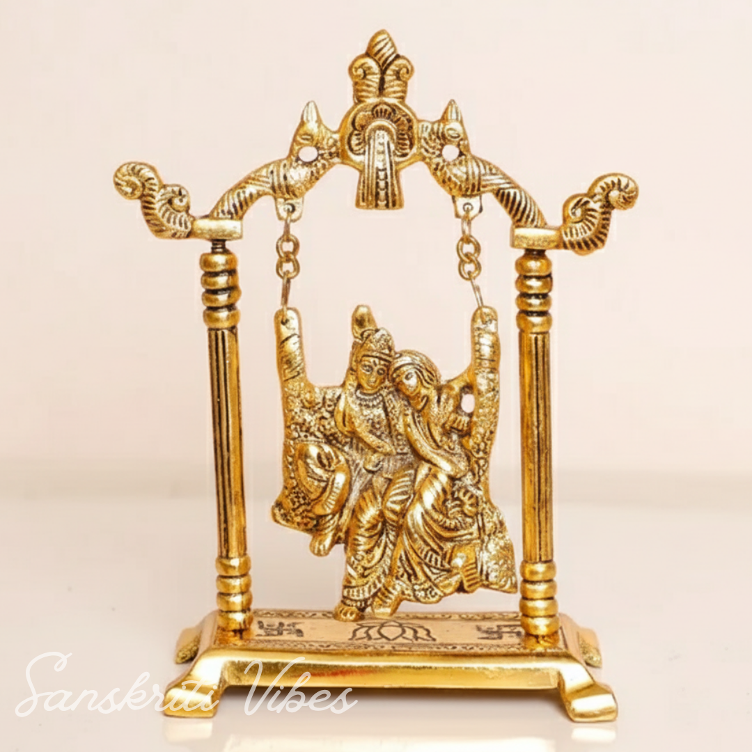 Gold Plated Radha Krishna on Swing Jhula Metal Statue for Home Decor by Kridaykraft - Retail Maharaj