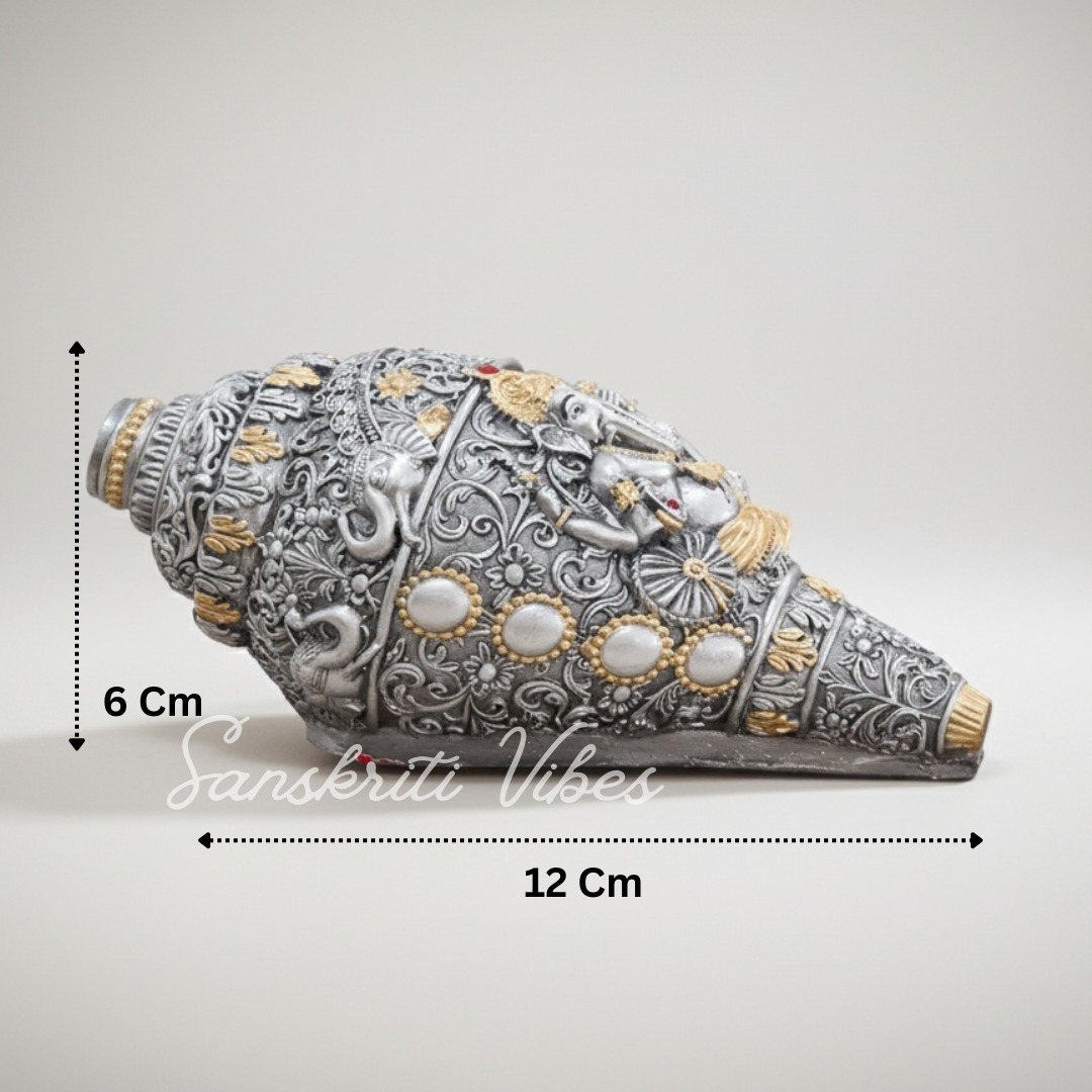 Decorative Lord Ganesha Shank Silver Toned Conch Shell for Wealth Prosperity and Good Luck Resin Ganesh Shank Showpiece for Home Decor - Retail Maharaj