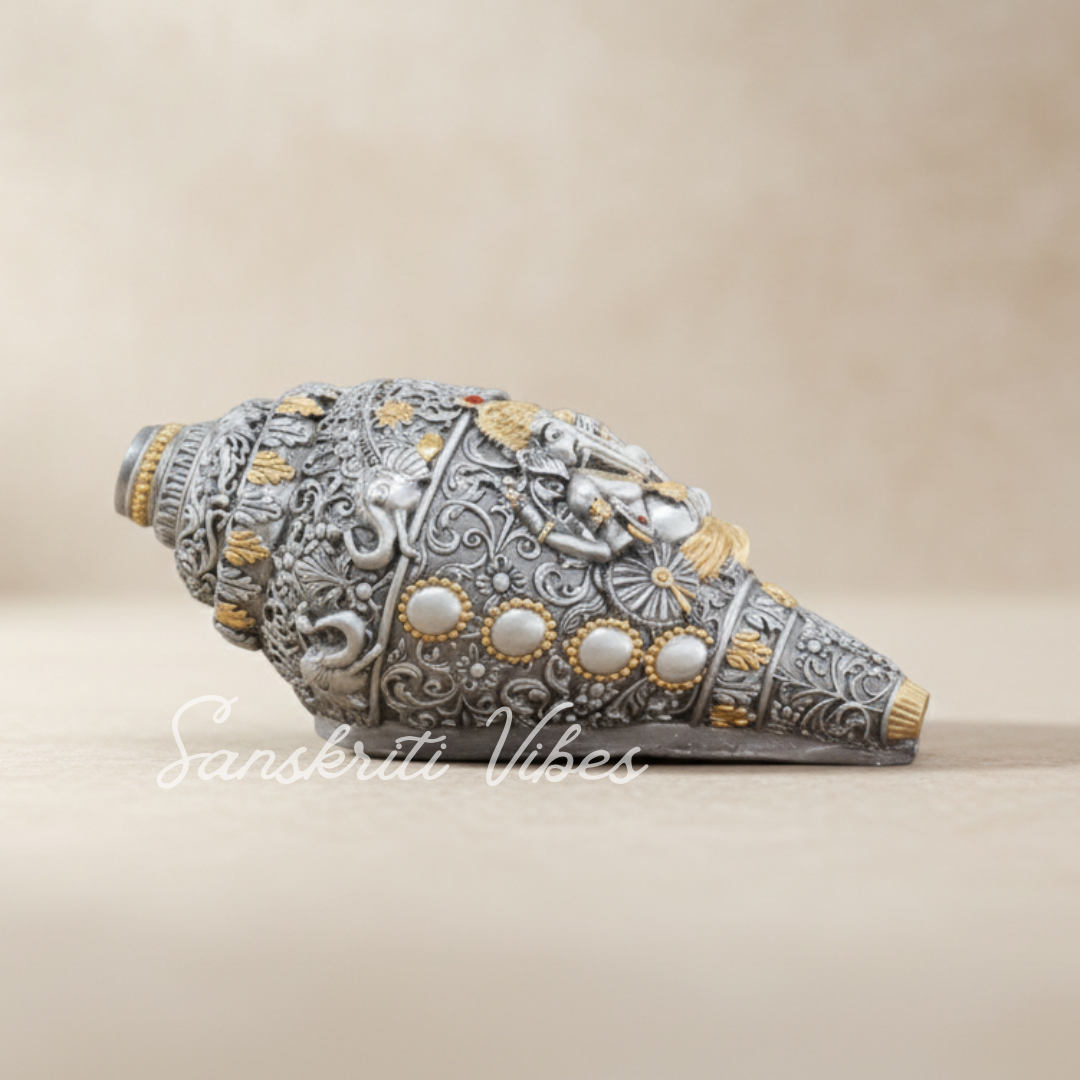 Decorative Lord Ganesha Shank Silver Toned Conch Shell for Wealth Prosperity and Good Luck Resin Ganesh Shank Showpiece for Home Decor - Retail Maharaj