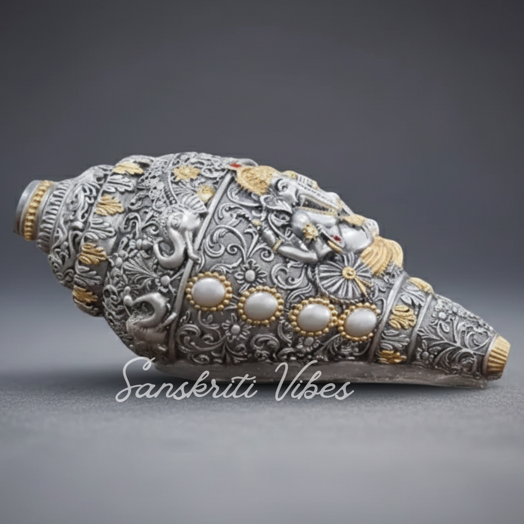 Decorative Lord Ganesha Shank Silver Toned Conch Shell for Wealth Prosperity and Good Luck Resin Ganesh Shank Showpiece for Home Decor - Retail Maharaj