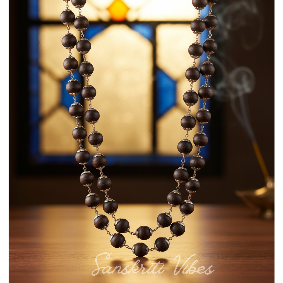 Handcrafted 92.5 Silver Shyama Tulsi Kanthi Mala with Flower Silver Cap – Traditional Vaishnav Tulsi Necklace for Spiritual Protection - Retail Maharaj