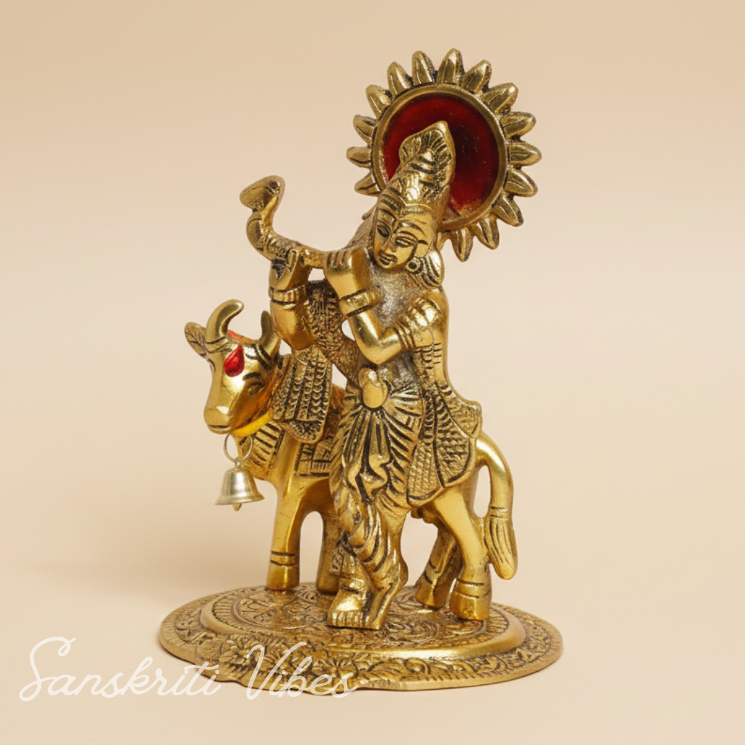 Lord Krishna with Cow Metal Statue for Home Decor and Spiritual Gifting Aluminium Showpiece - Retail Maharaj