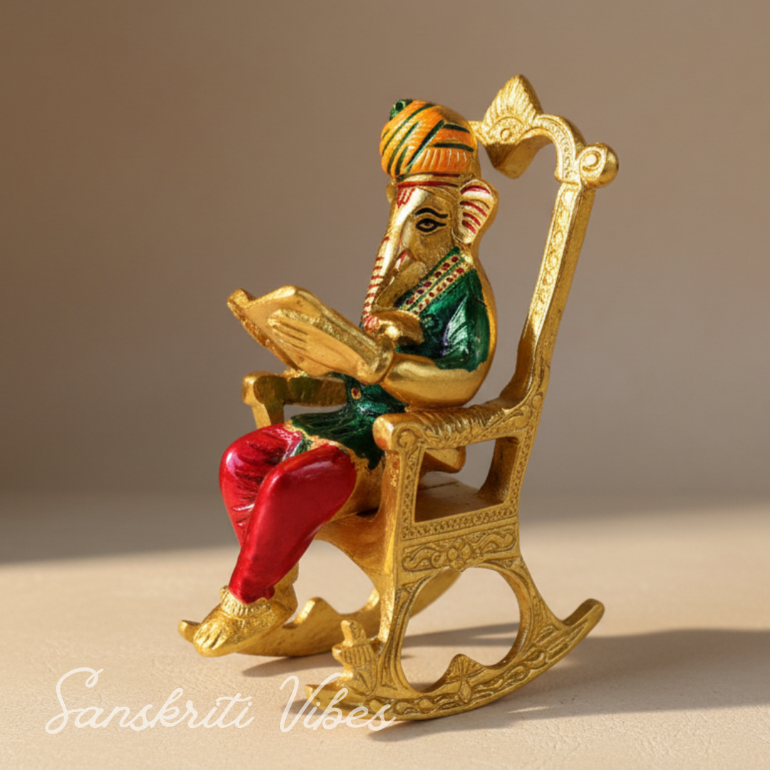 Modern Chair Ganesha Metal Statue Reading Ramayan with Meenakari Work Aluminium Ganesh Showpiece for Home Decor and Auspicious Gifting - Retail Maharaj