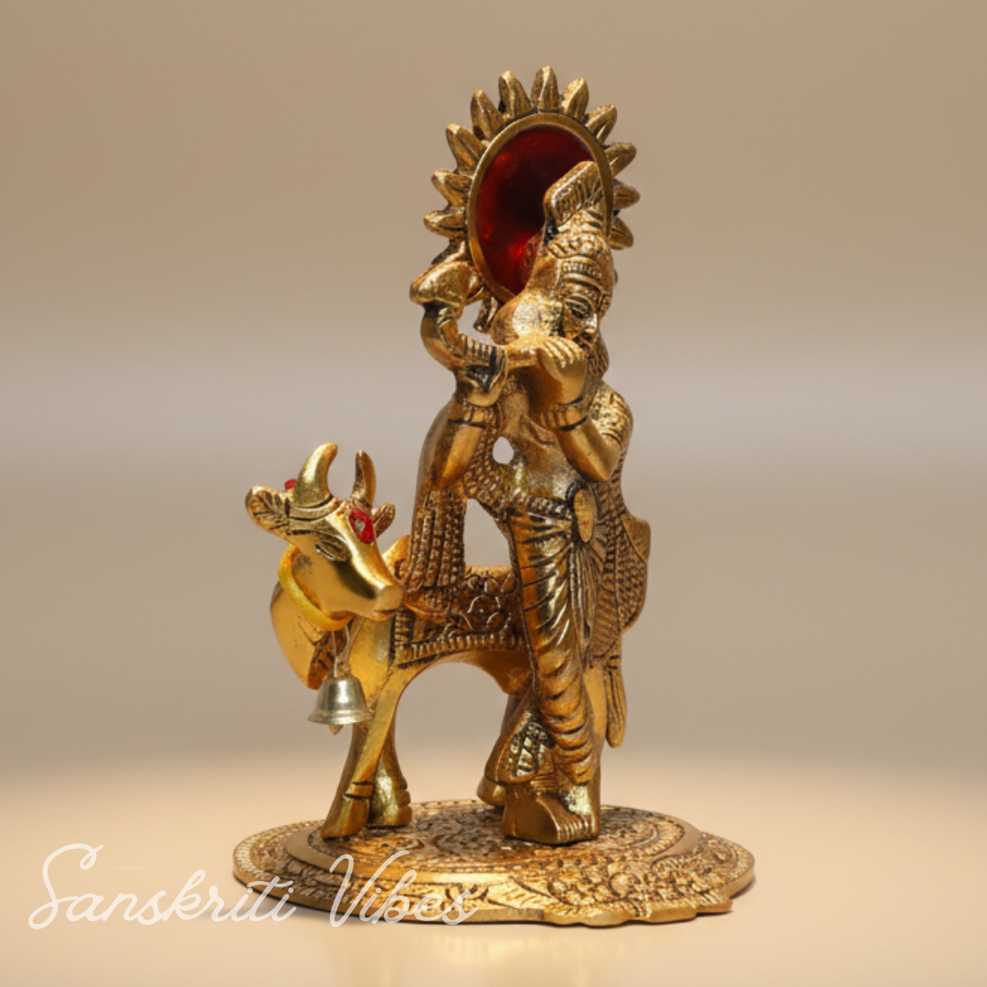 Lord Krishna with Cow Metal Statue for Home Decor and Spiritual Gifting Aluminium Showpiece - Retail Maharaj