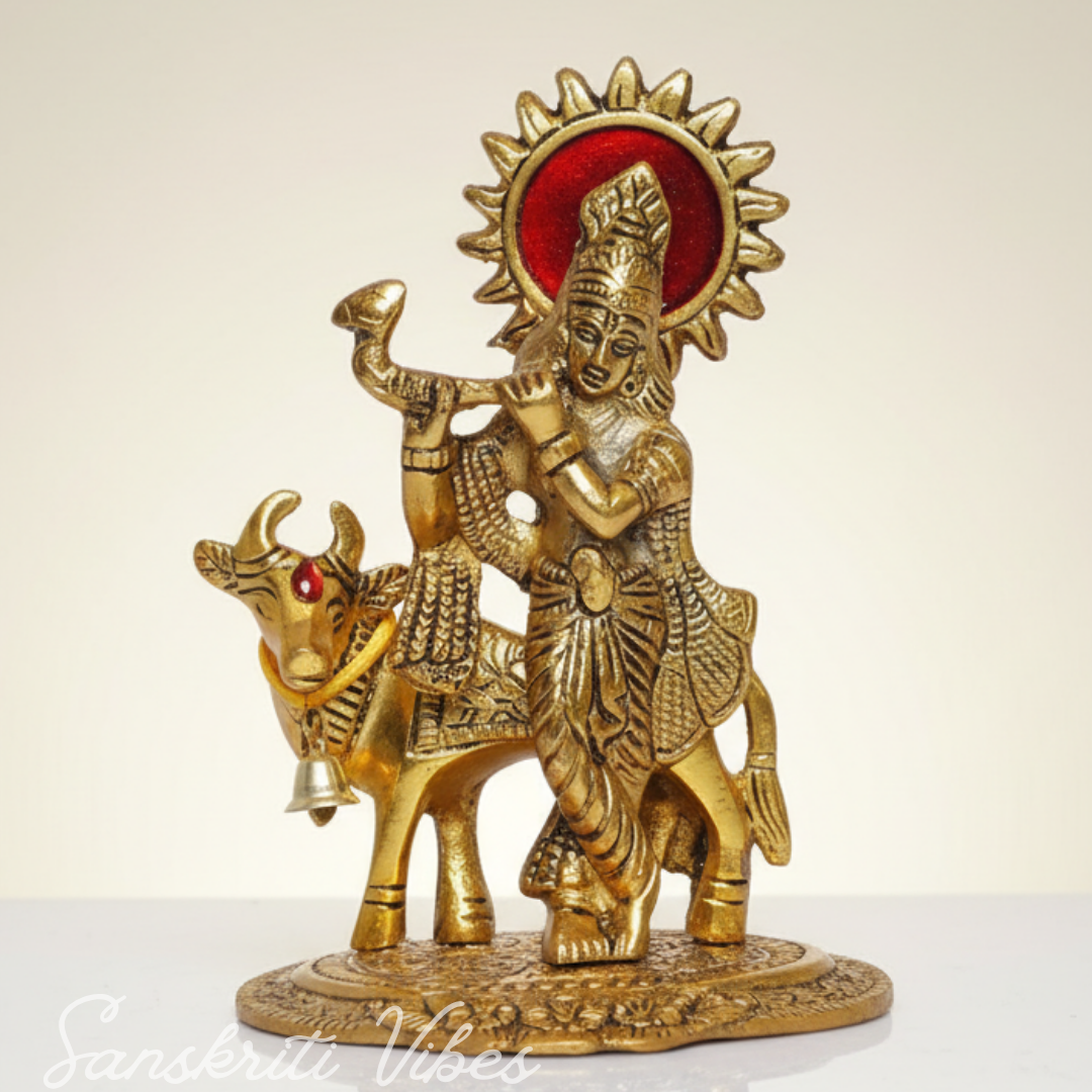 Lord Krishna with Cow Metal Statue for Home Decor and Spiritual Gifting Aluminium Showpiece - Retail Maharaj