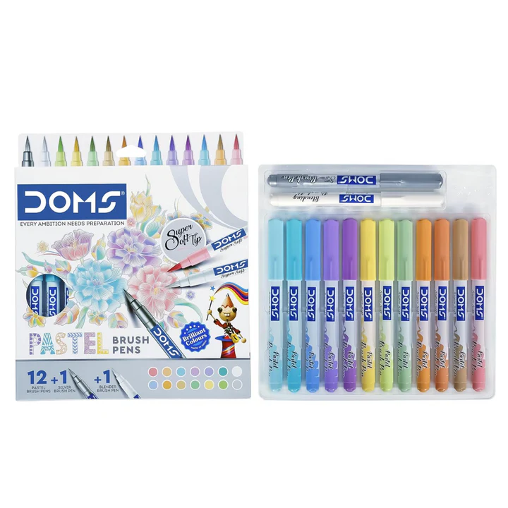 Doms Super Soft Tip Pastel Shades Brush Pen Set – 12 Pastel Shades + 1 Silver + 1 Blender | Ideal for Doodling, Illustrations & Calligraphy - Retail Maharaj