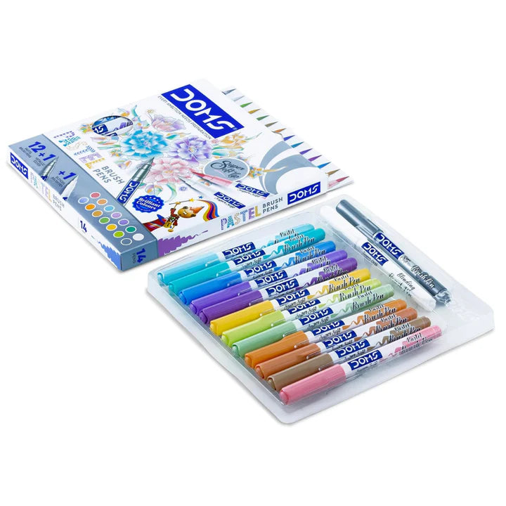 Doms Super Soft Tip Pastel Shades Brush Pen Set – 12 Pastel Shades + 1 Silver + 1 Blender | Ideal for Doodling, Illustrations & Calligraphy - Retail Maharaj