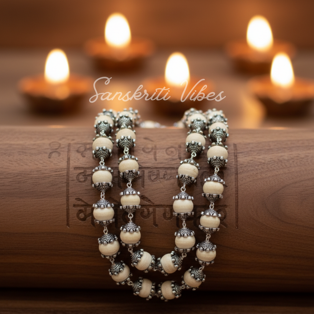 Beautifully Designed Tulsi Beads Chain with Sterling Silver Caps – 19-Inch Spiritual Necklace, 10 mm Beads, 92.5% Pure Silver, 50 gm - Retail Maharaj