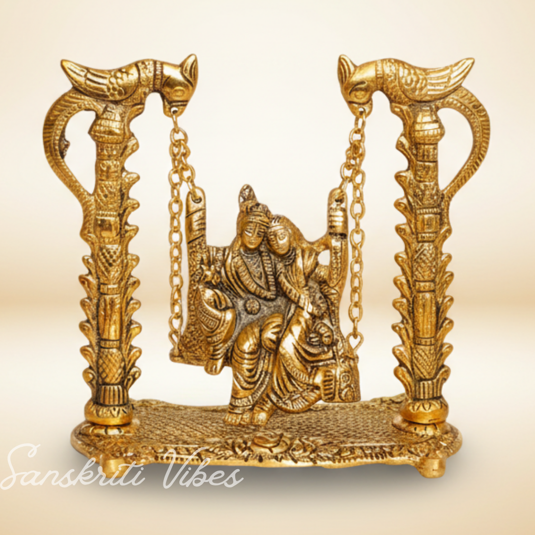 Radha Krishna on Swing Jhula Gold Plated Metal Idol for Home Decor and Gifting - Retail Maharaj