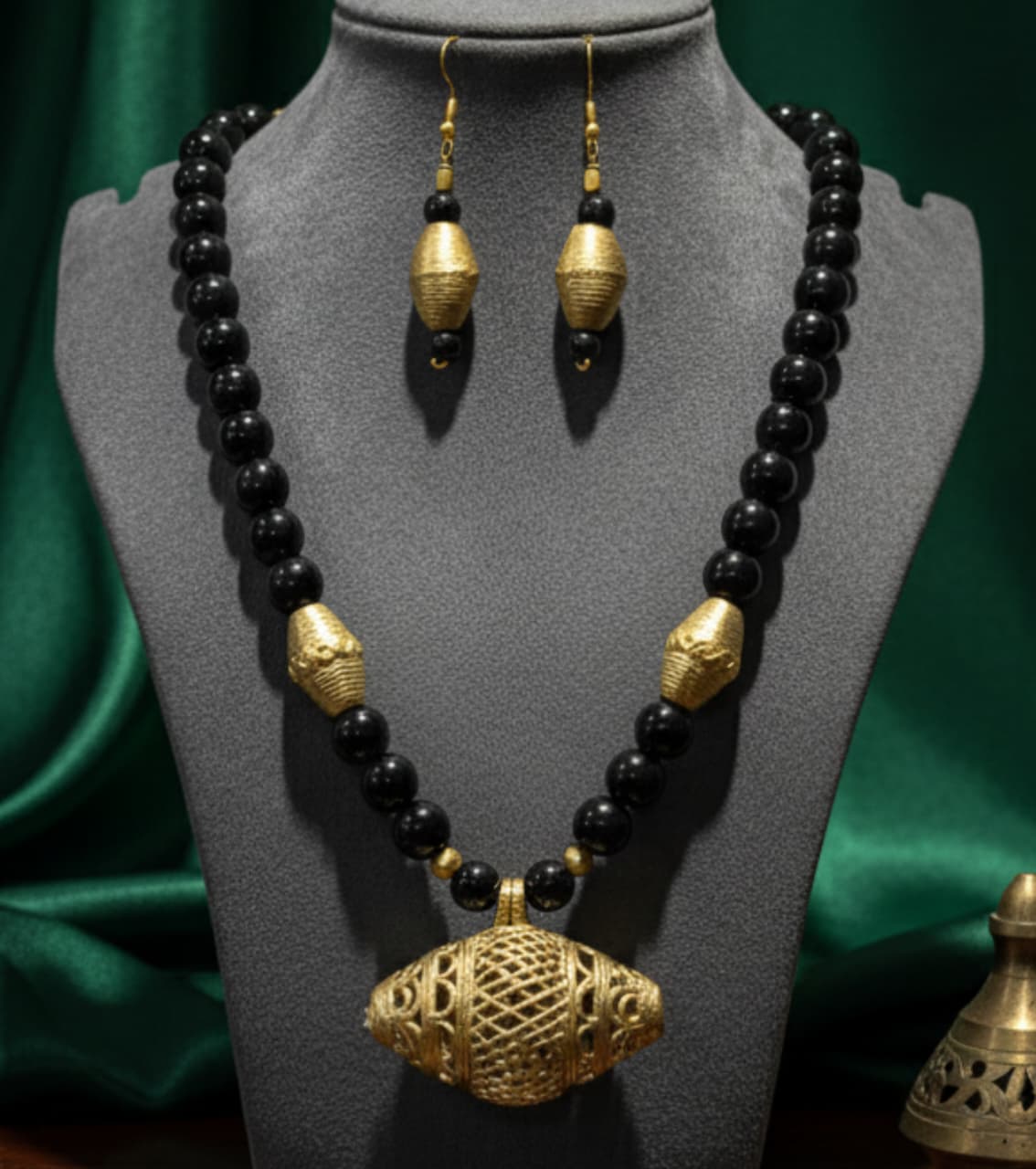 Premium Authentic Dokra & Black Beaded Statement Necklace Set with Matching Earrings | Handmade Tribal Statement Jewelry