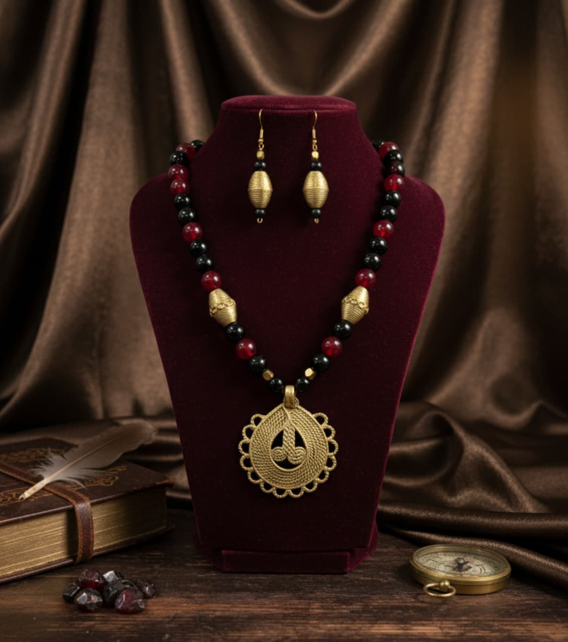 Premium Authentic Dokra & Black and Red Beaded Necklace Set with Matching Earrings | Handmade Tribal Statement Jewelry