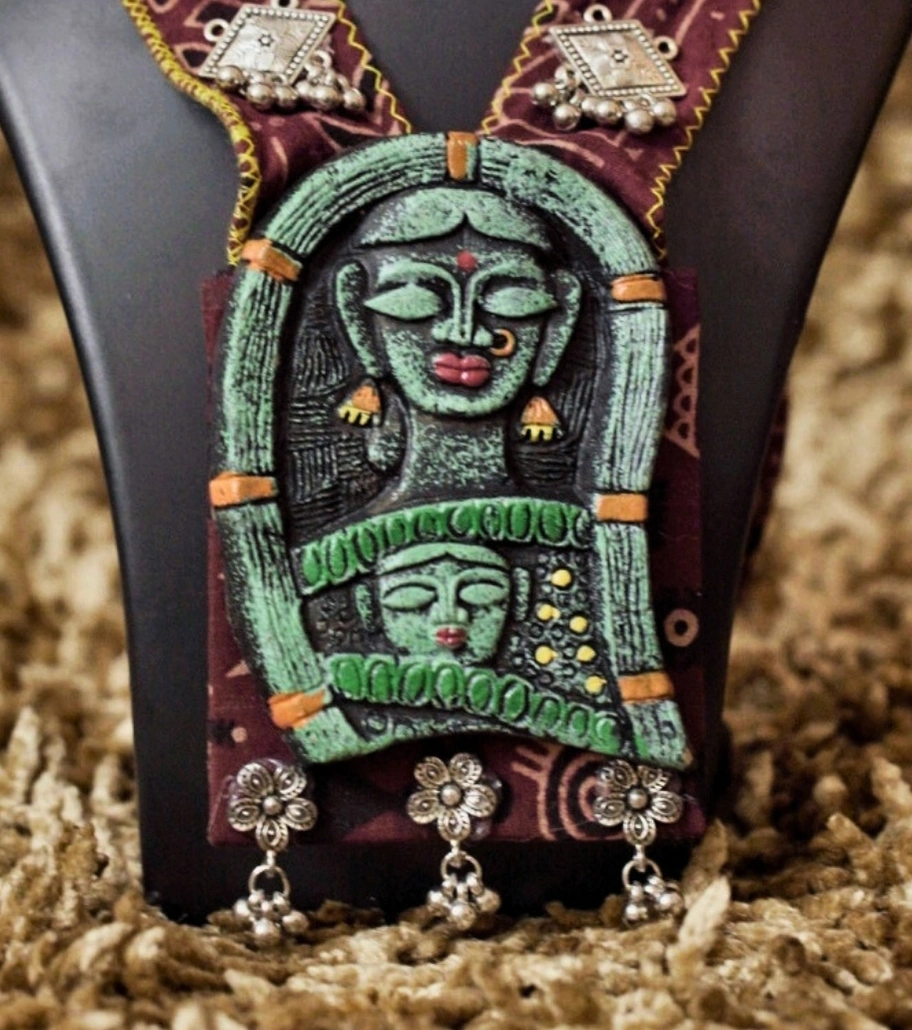 Premium Handmade Mixed Media Jewelry – Tribal Muse Statement Necklace Set (Green & Maroon) | Bohemian Tribal Art Jewelry