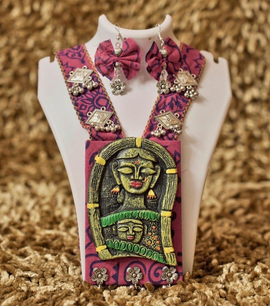 Premium Handmade Mixed Media Jewelry – Tribal Muse Statement Necklace Set (Magenta & Green) | Bohemian Tribal Art Jewelry