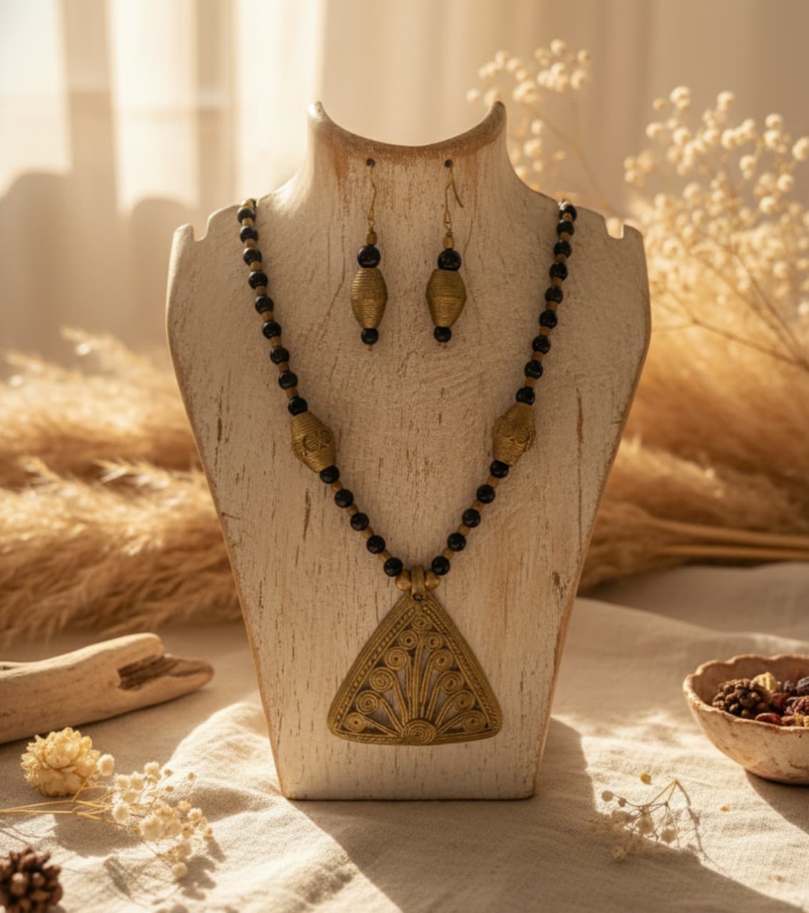 Premium Tribal Authentic Dokra & Black Bead Statement Necklace Set with Earrings | Handmade Ethnic Tribal Jewelry