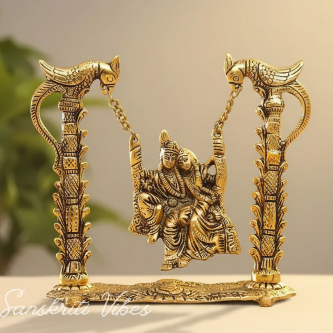 Radha Krishna on Swing Jhula Gold Plated Metal Idol for Home Decor and Gifting - Retail Maharaj