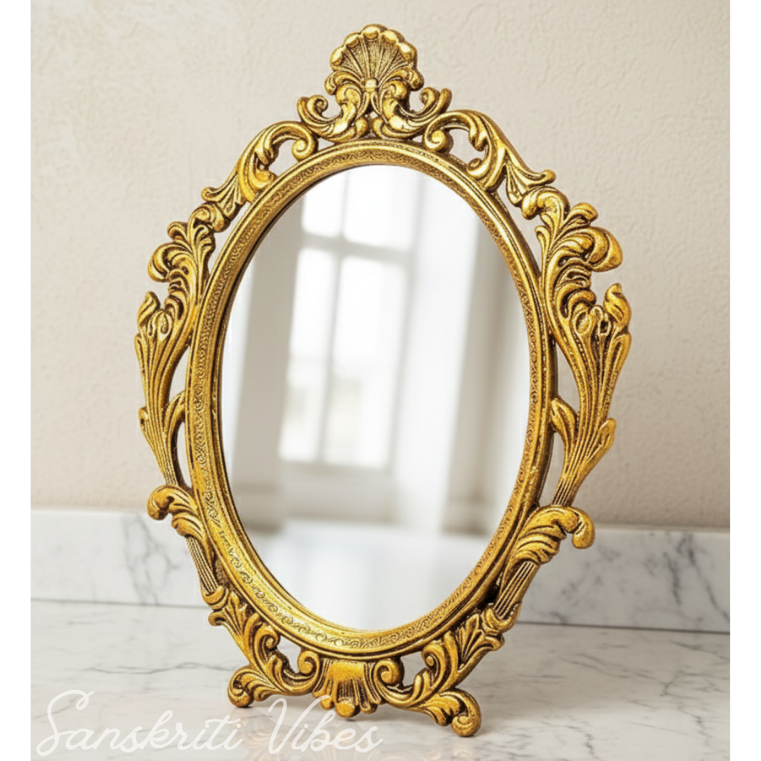 Gold Plated Table Mirror for Gift, Festival Gift, Birthday, Anniversary, Wedding (Floor Mount, Oval, Framed) - Retail Maharaj