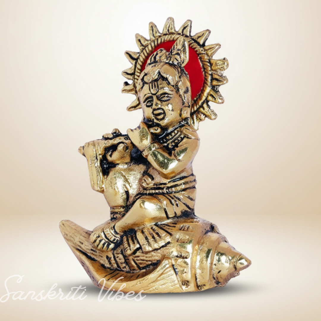 Metal Krishna Statue Bal Laddu Gopal Playing Flute Decorative Showpiece 11.5 cm Aluminium Idol - Retail Maharaj