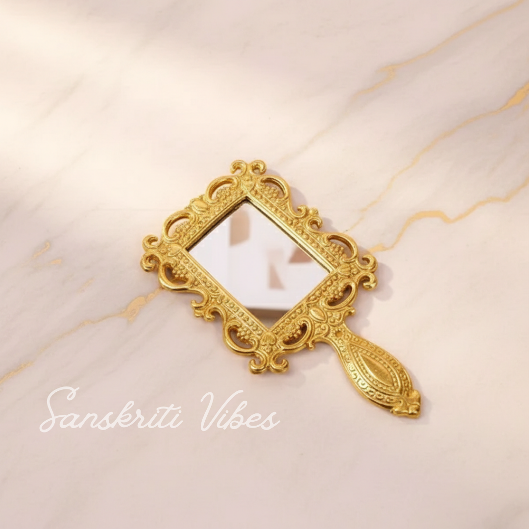 Beautifully Carved Square Shape Gold Plating Metal Hand Mirror for Makeup, Travelling, Salon Mirror - Retail Maharaj